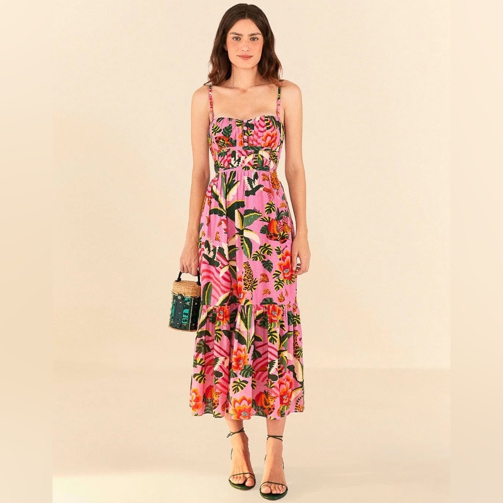 FARM Rio Pink Leopard Forest Pleated Open Back Cotton Midi Dress Sz XL